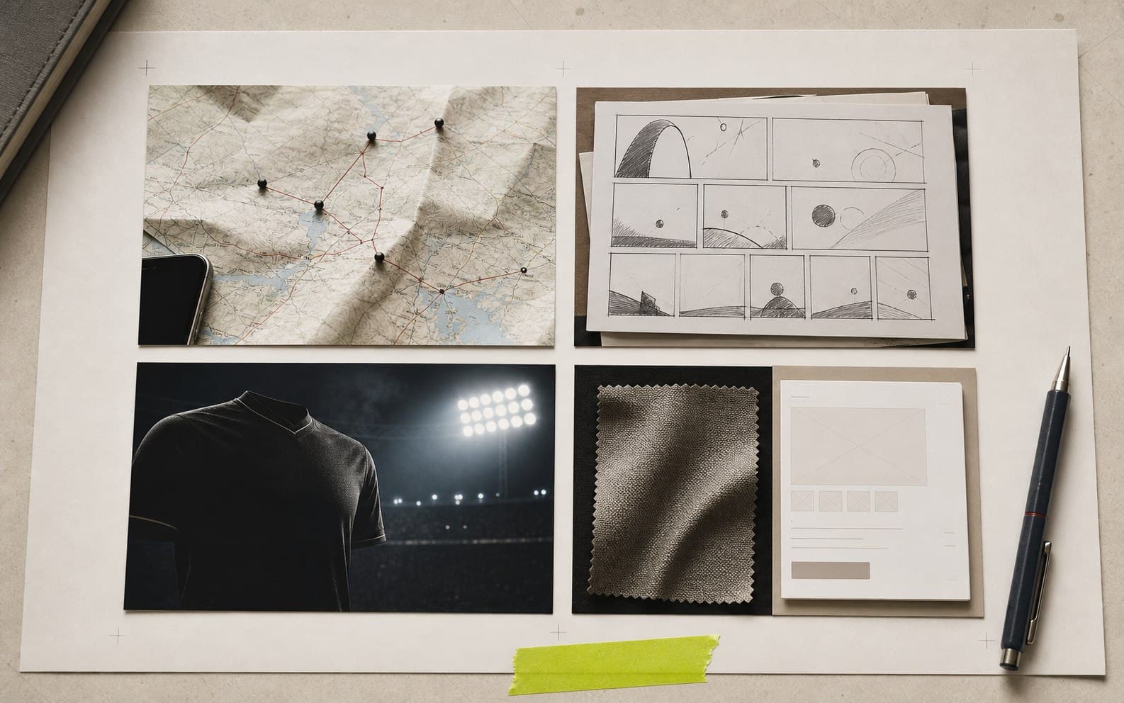 Editorial project lab showing travel, reading, football and fashion product studies