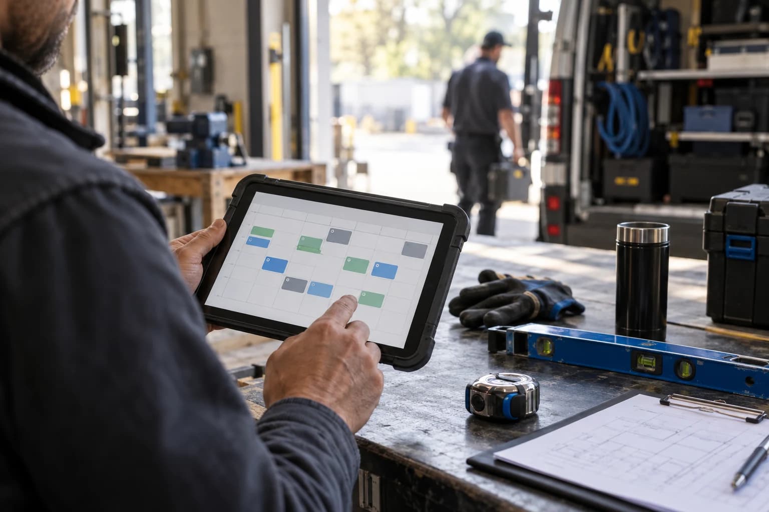 Illustrative field technician reviewing a schedule on a tablet in a workshop