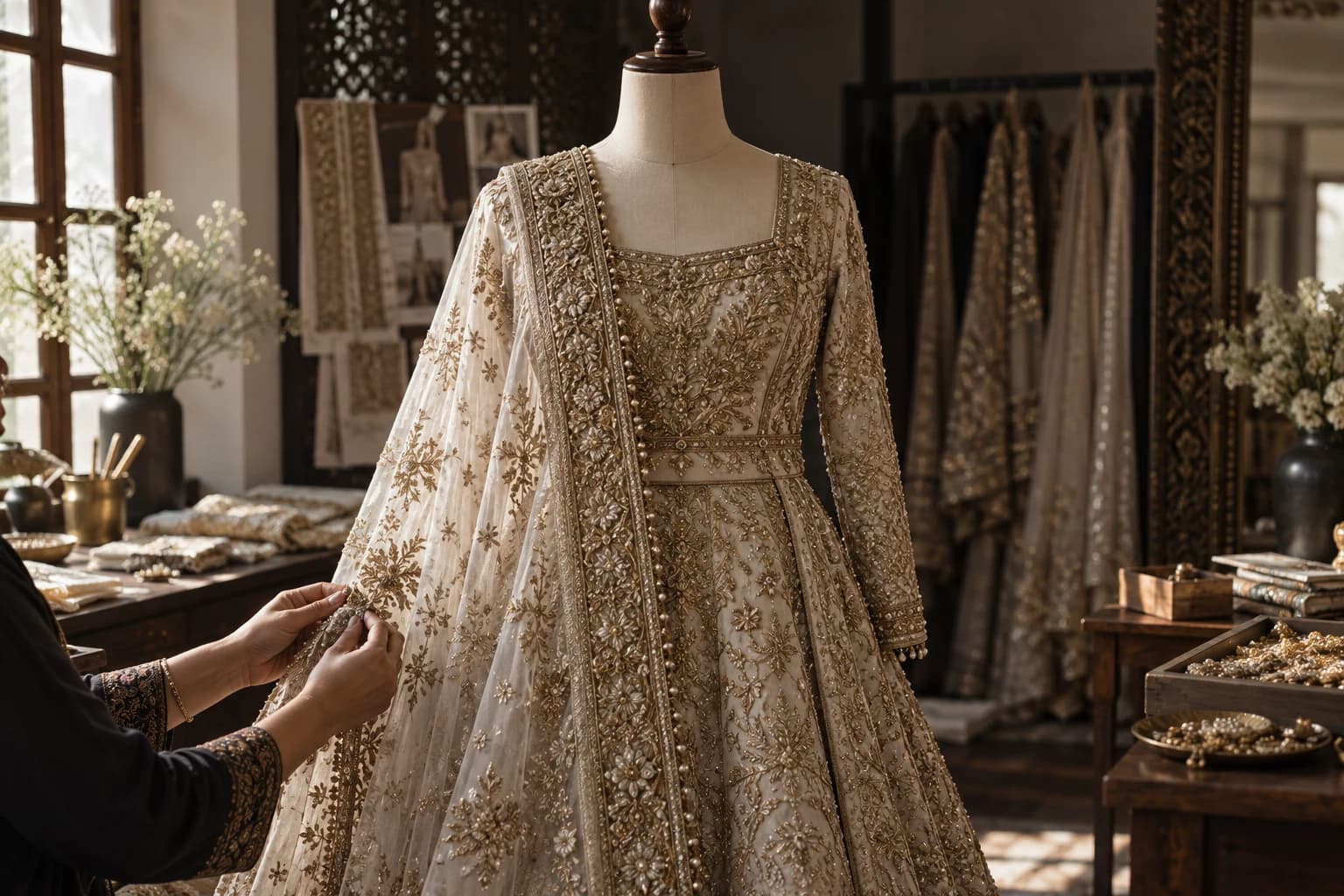 Illustrative embroidered bridal dress being adjusted in an atelier